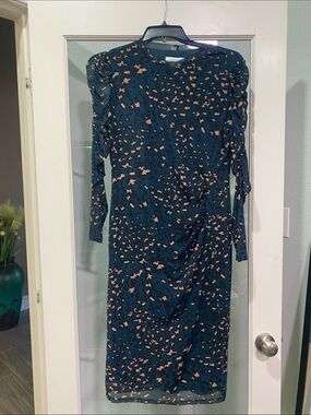 Nine West Teal and Tan Long Sleeve Printed Midi Dress